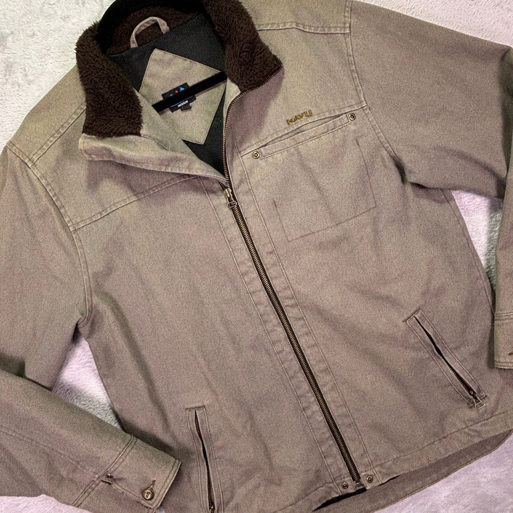KAVU Mens Jacket Sz Medium‎ Brown Canvas Fleece Collar Mesh Lined Workwear